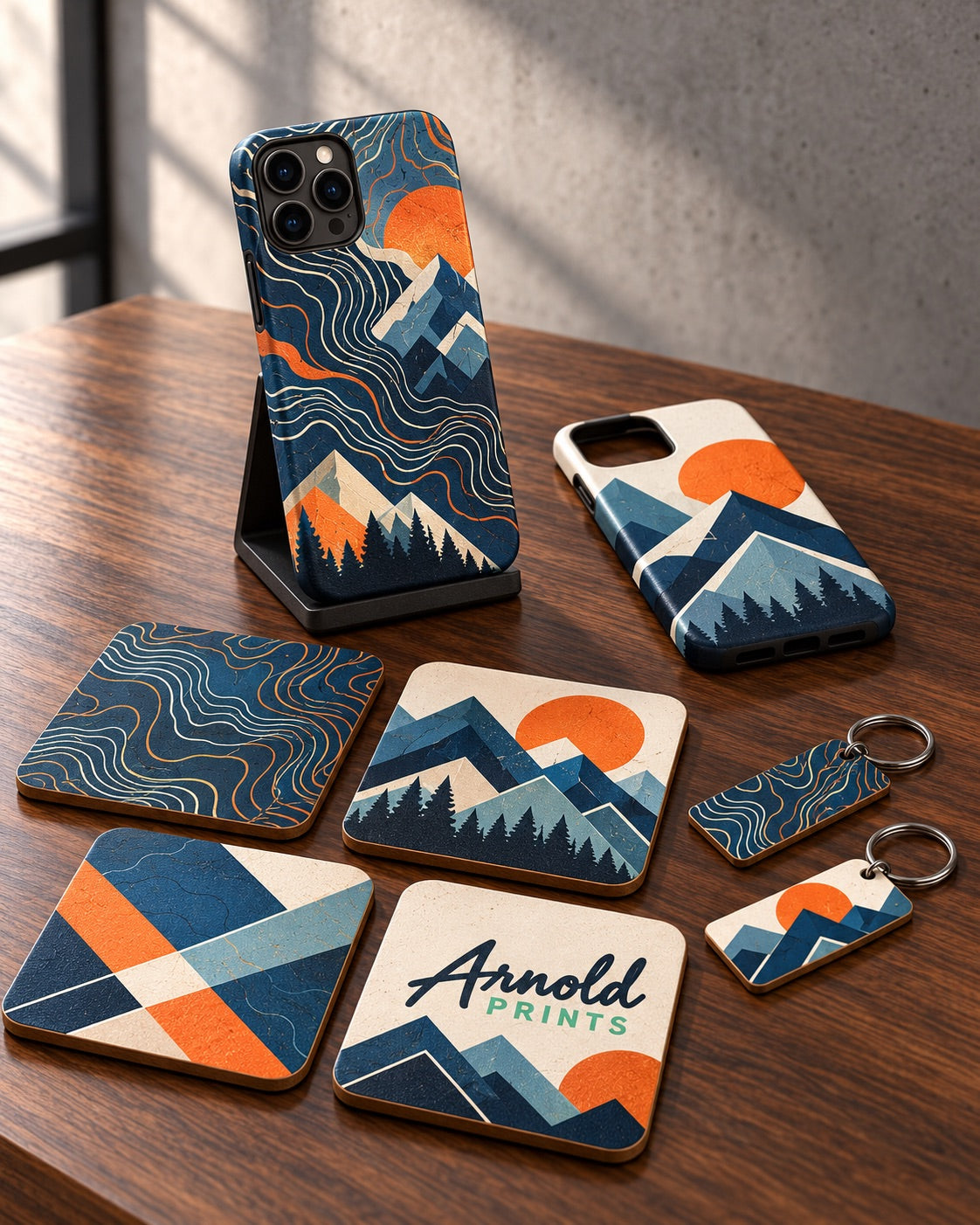 UV printed phone cases, square coasters, and rectangle keychains with matching full color artwork and the Arnold Prints logo