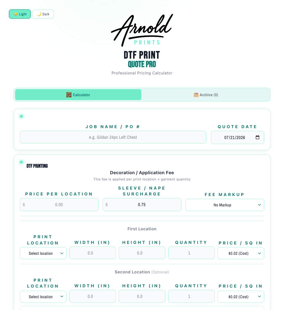 DTF Print Quote Pro calculator by Arnold Prints