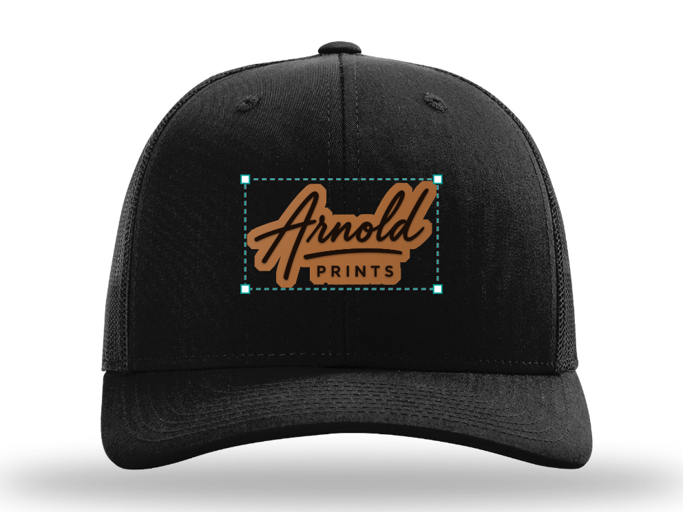 Custom laser-etched leather patch cap made in-house by Arnold Prints in Westlake, FL