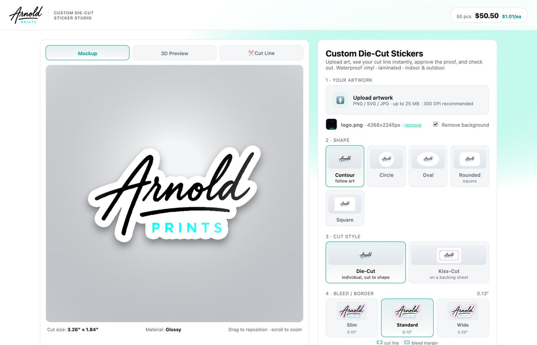 Arnold Prints Sticker Studio showing a live contour cut line