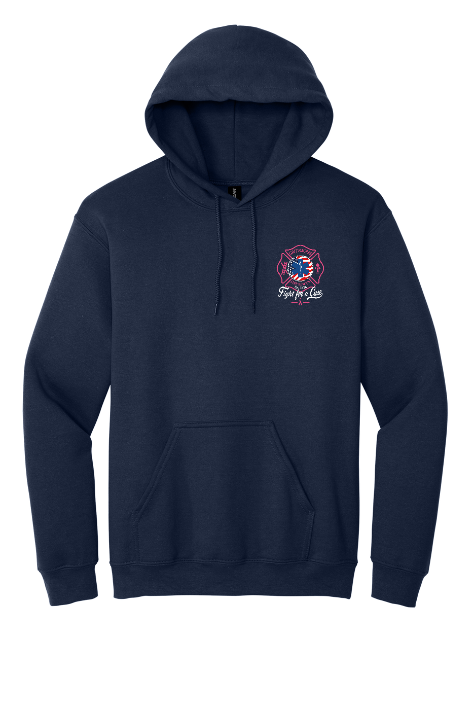 GFR Breast Cancer Awareness 2026 hoodie front left chest Navy Gildan 18500