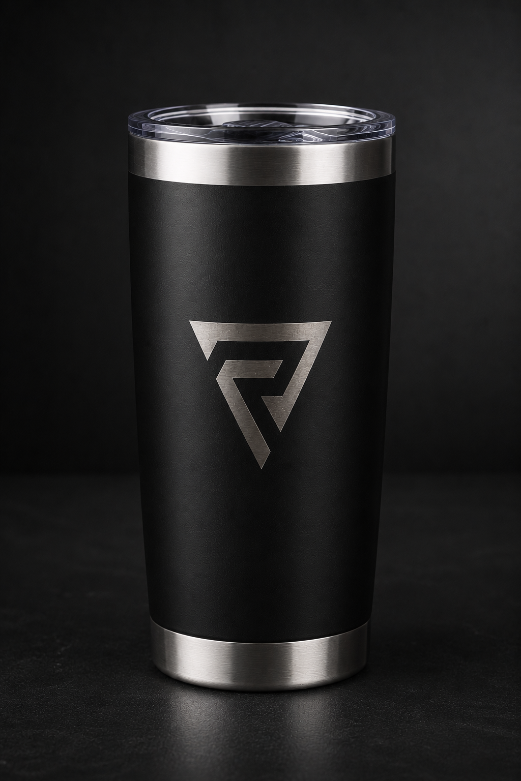 Reyson Gracie 20oz matte black insulated tumbler with the Rise Revolution monogram laser engraved to bare steel
