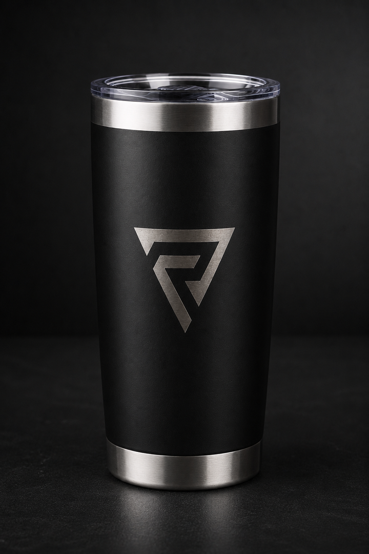 Reyson Gracie 20oz matte black insulated tumbler with the Rise Revolution monogram laser engraved to bare steel