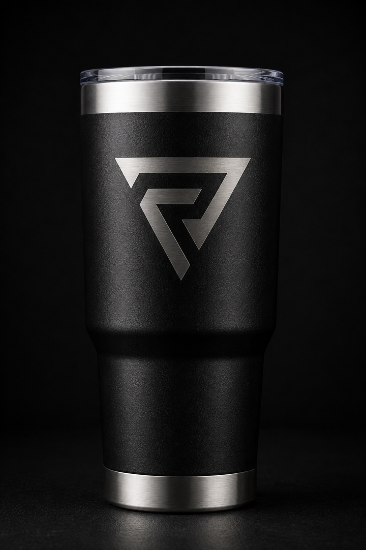 Reyson Gracie 30oz matte black insulated tumbler with the Rise Revolution monogram laser engraved to bare steel