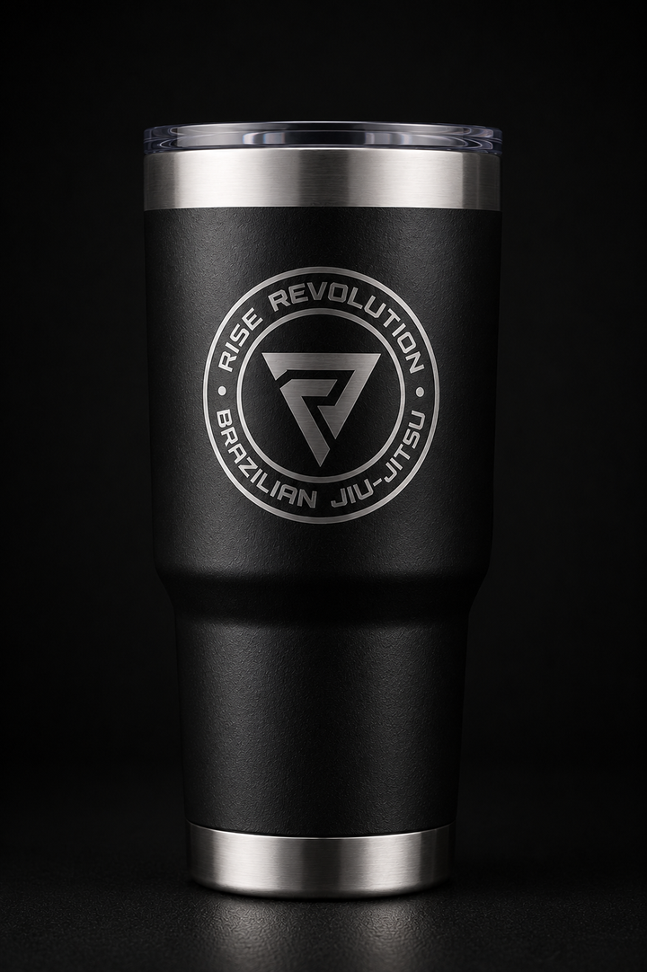 Reyson Gracie 30oz matte black insulated tumbler with the full Rise Revolution badge laser engraved to bare steel