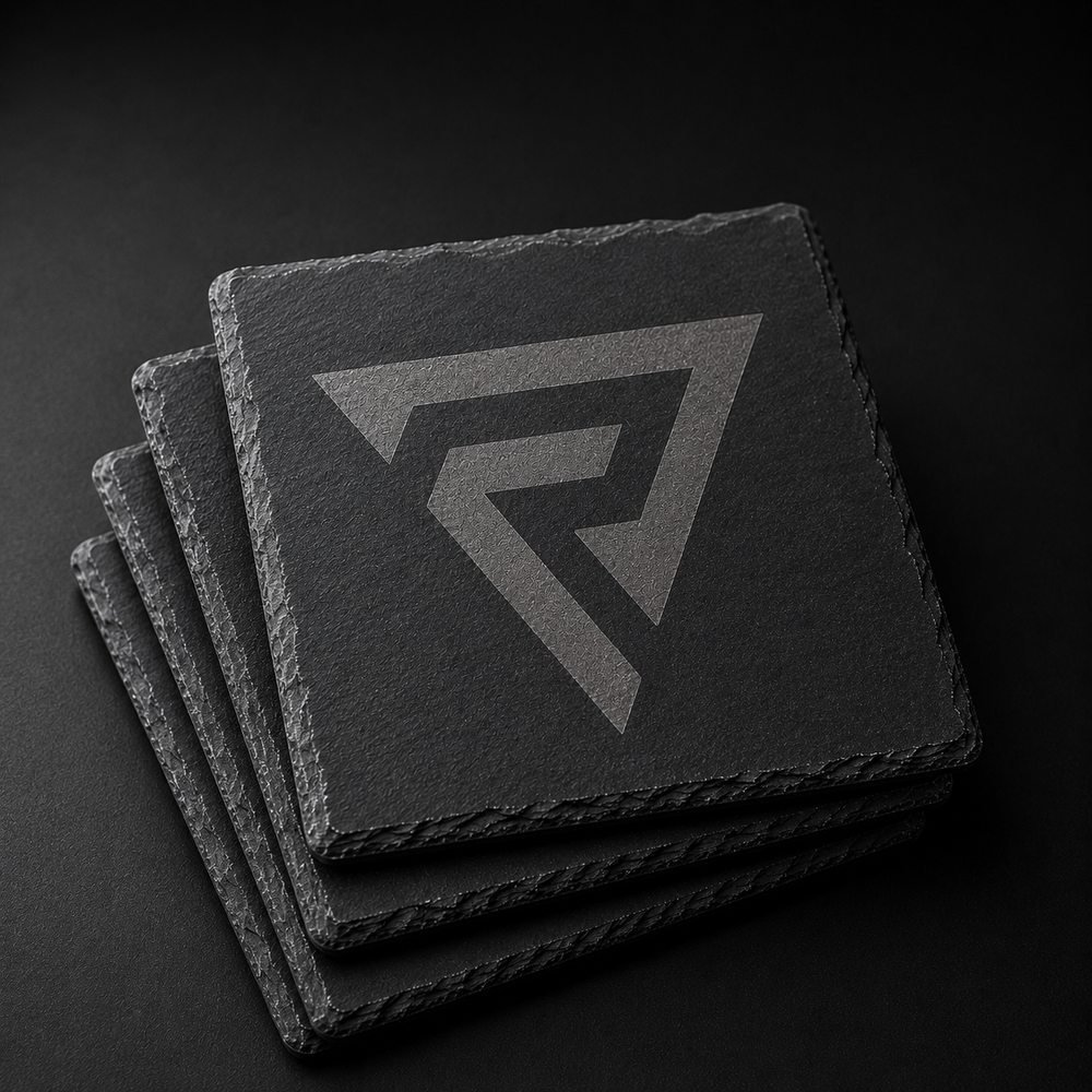 Stack of four 4 inch square natural slate coasters laser engraved with the Reyson R monogram