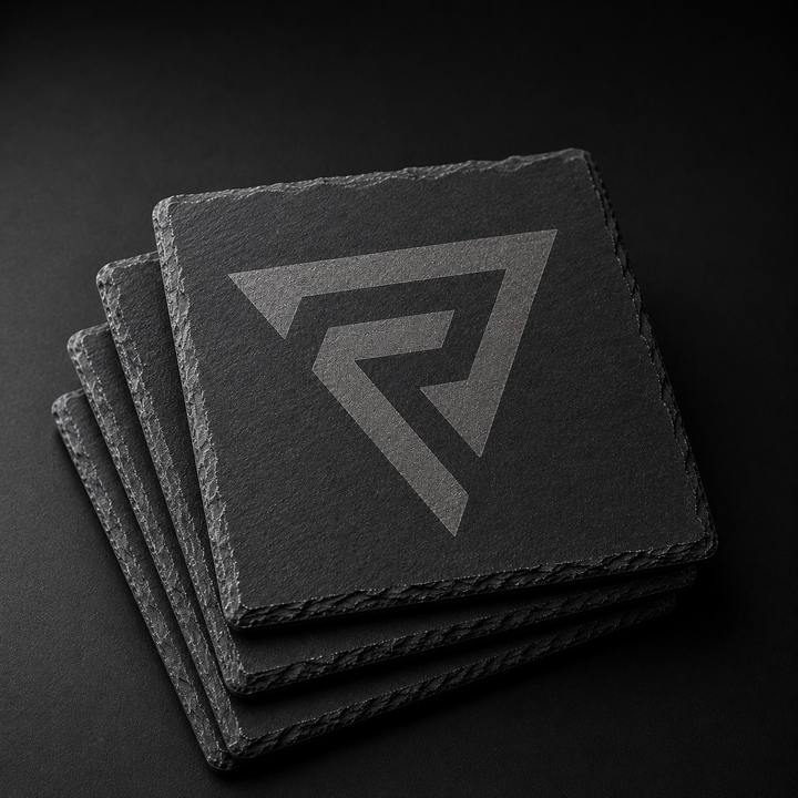Stack of four 4 inch square natural slate coasters laser engraved with the Reyson R monogram