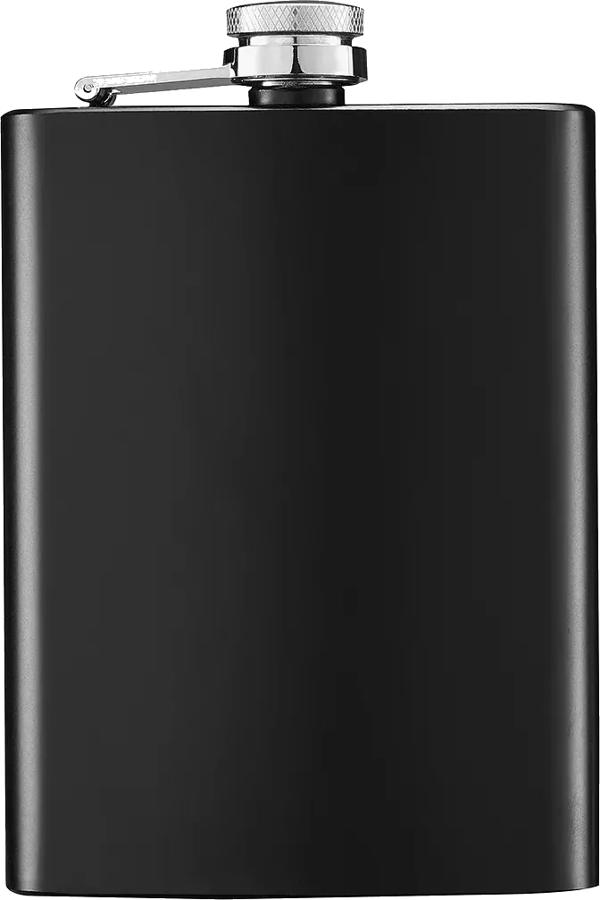 Blank matte black stainless hip flask with hinged screw cap, ready to be personalized