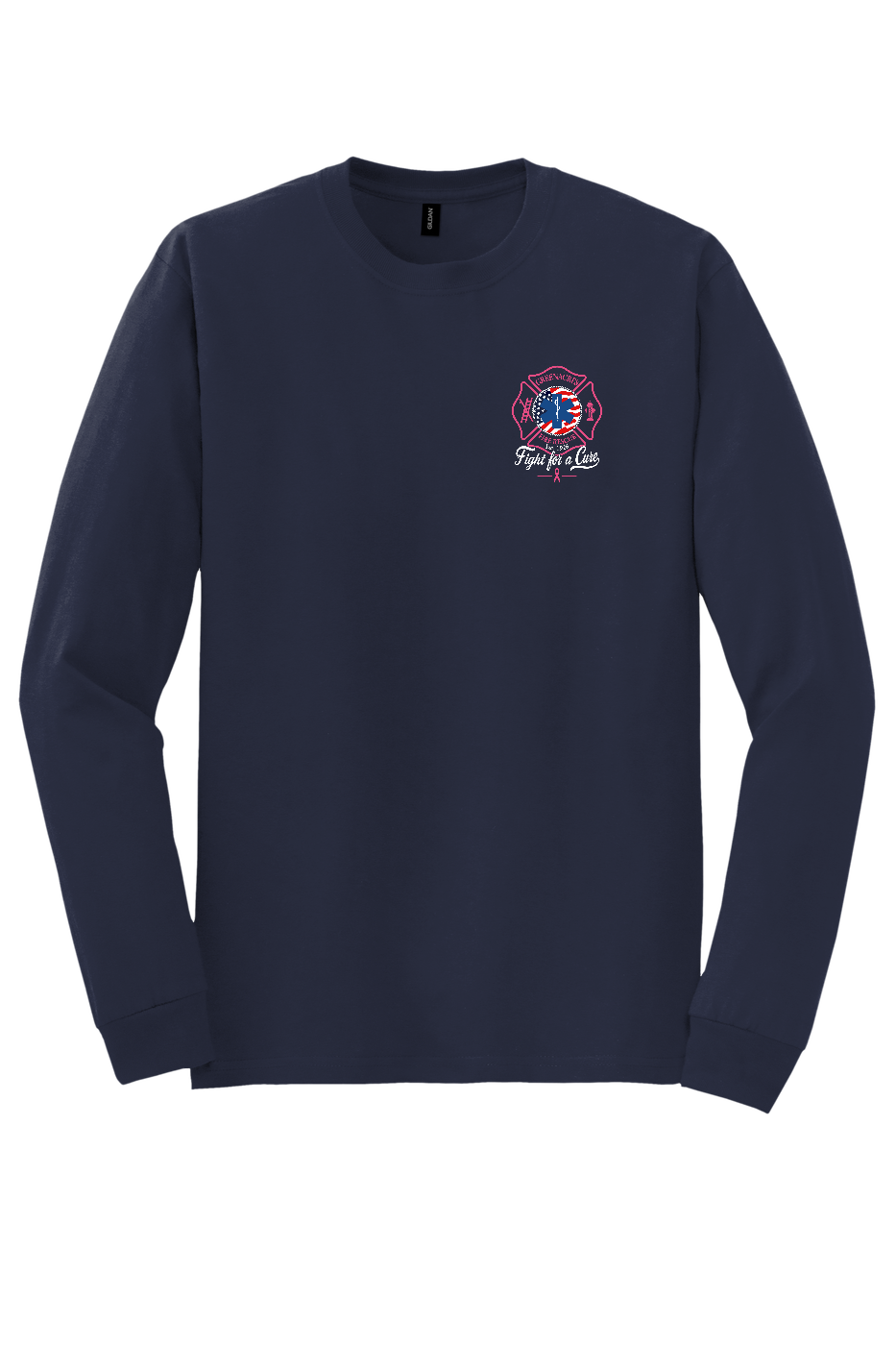 GFR Breast Cancer Awareness 2026 long sleeve front left chest Navy Gildan 8400