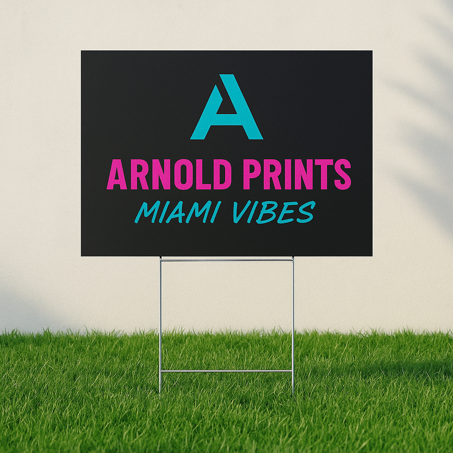 Black Arnold Prints yard sign on an H stake in the grass