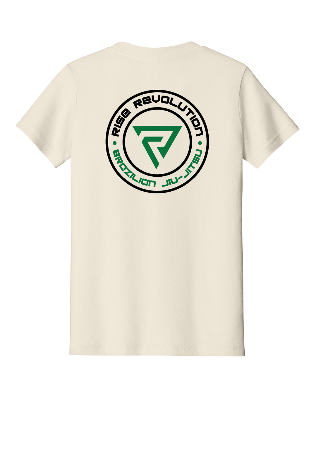 Reyson Gracie Youth Academy Tee back, Bella Canvas youth jersey in Natural with the full Rise Revolution badge in black and green