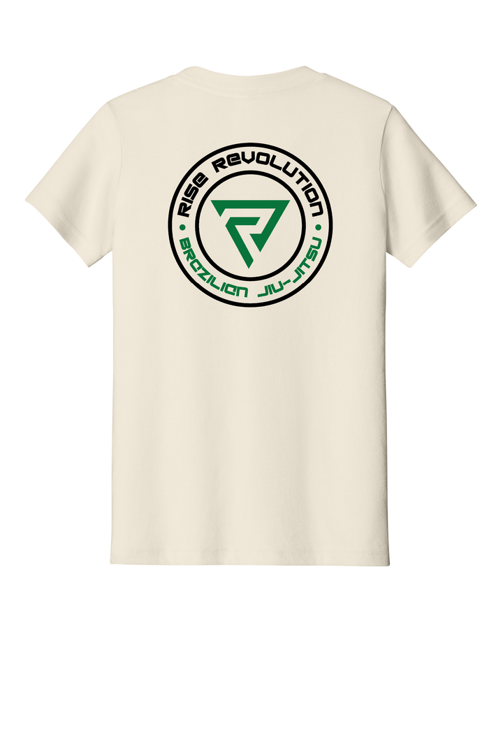 Reyson Gracie Youth Academy Tee back, Bella Canvas youth jersey in Natural with the full Rise Revolution badge in black and green