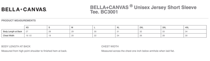 Bella + Canvas BC3001 Short Sleeve Size Chart