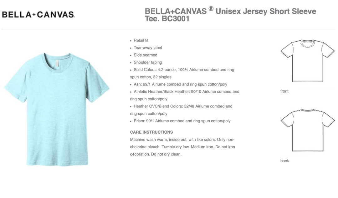 Bella + Canvas Spec Sheet