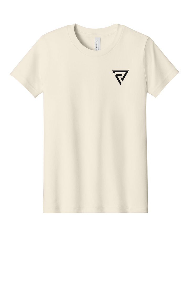 Reyson Gracie Youth Academy Tee front, Bella Canvas youth jersey in Natural with the Rise Revolution monogram on the left chest