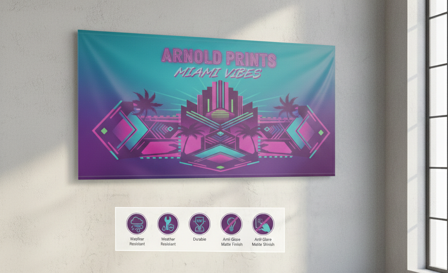 Horizontal vinyl banner with bright Arnold Prints art hung on a wall