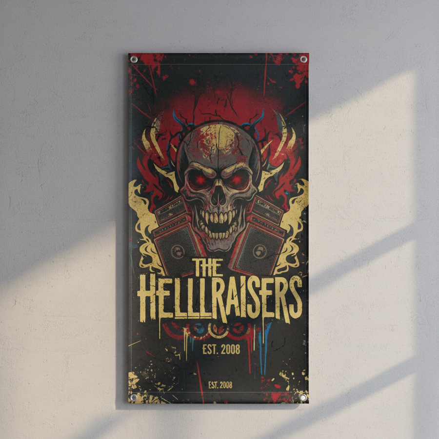 Vertical vinyl banner with a skull rock band design and metal grommets
