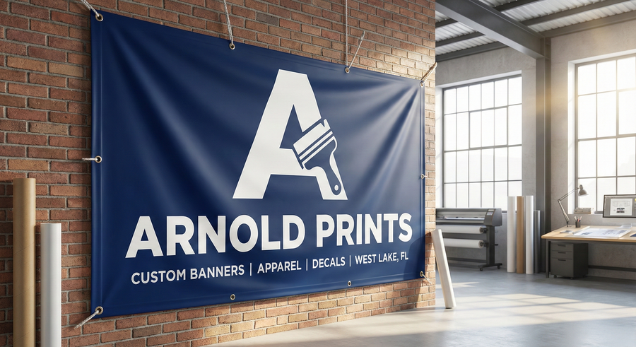 Navy Arnold Prints vinyl banner hung on a brick wall in a print shop