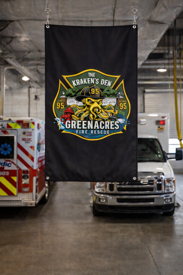 Greenacres Fire Rescue 95 Kraken VERTICAL Flag — Double-Sided Flag 30"x60"