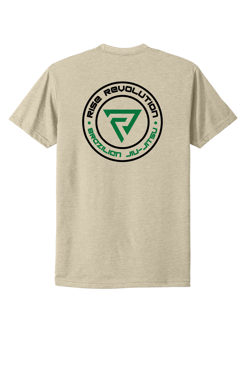 Reyson Gracie Academy Tee back, Next Level 6210 in Natural with the full Rise Revolution badge in black and green