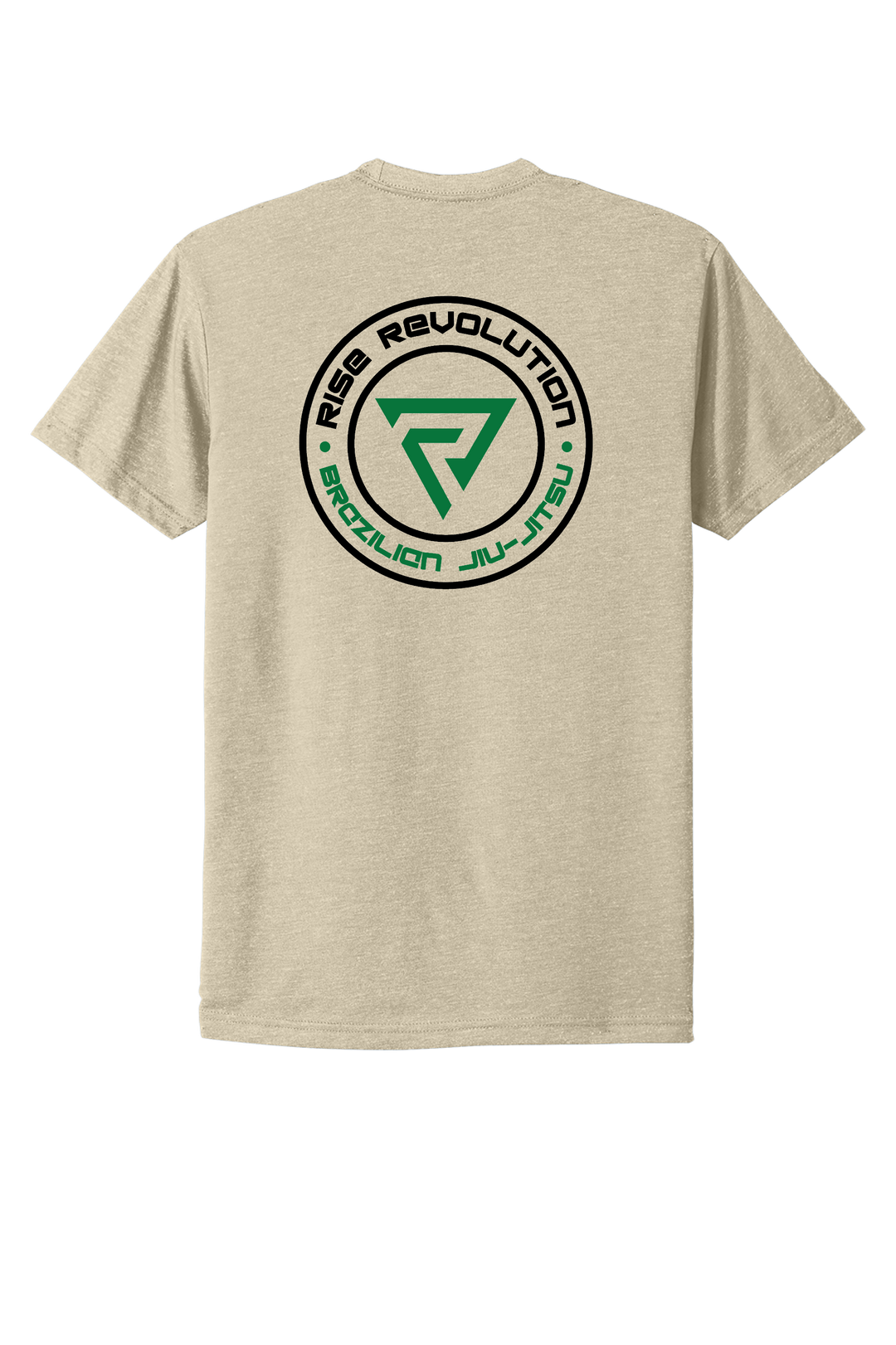 Reyson Gracie Academy Tee back, Next Level 6210 in Natural with the full Rise Revolution badge in black and green
