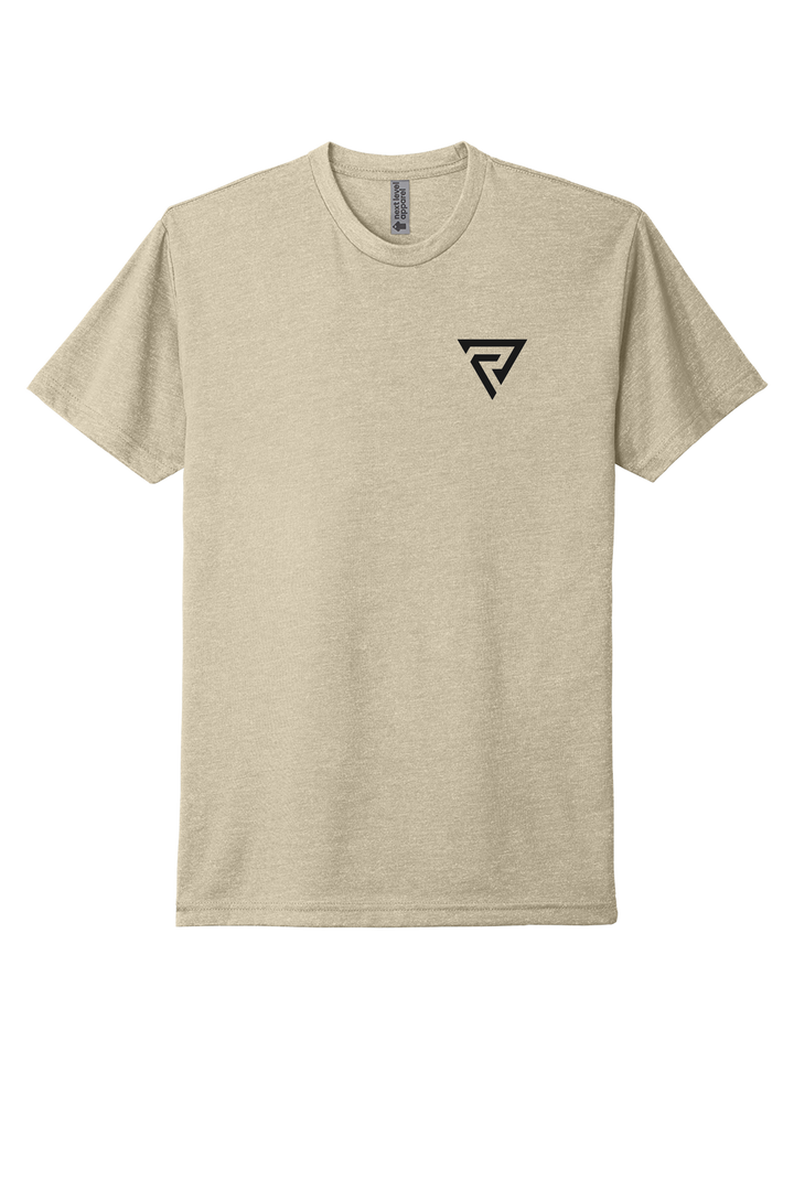 Reyson Gracie Academy Tee front, Next Level 6210 in Natural with the Rise Revolution monogram on the left chest