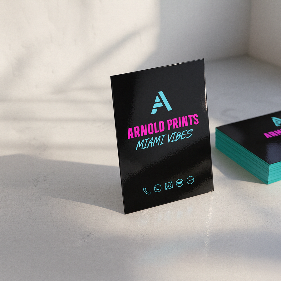 Vertical gloss business card with the Arnold Prints logo