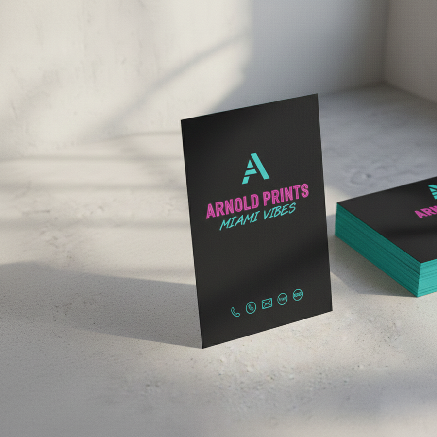 Vertical black business card with the Arnold Prints logo next to a stack of cards