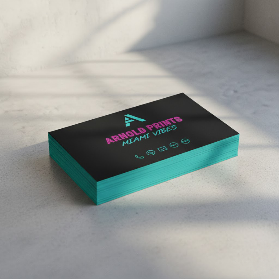 Stack of horizontal black business cards with the Arnold Prints logo