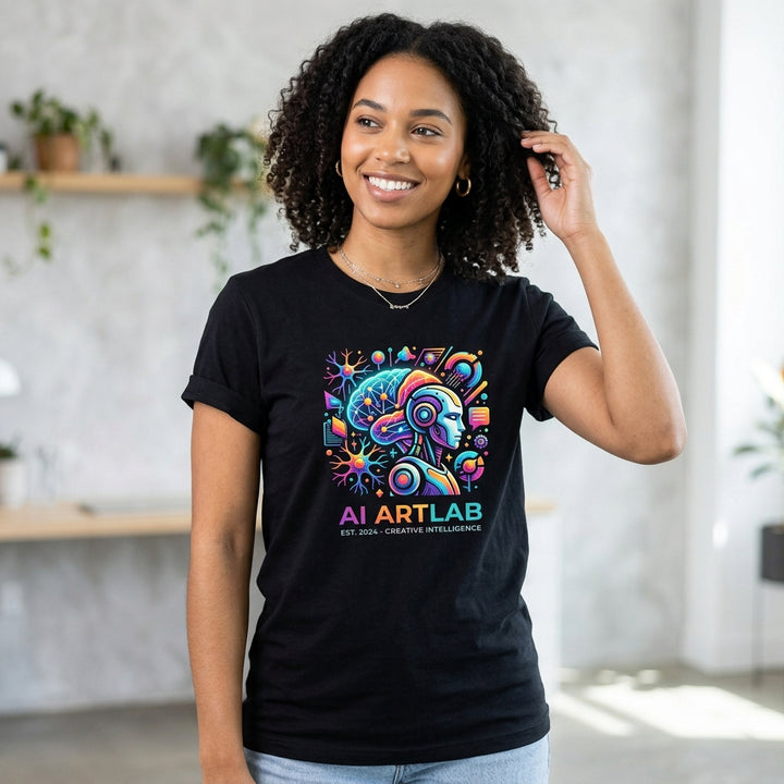 Black Bella Canvas t-shirt with colorful AI design printed on chest - custom ChatGPT Midjourney shirt printing