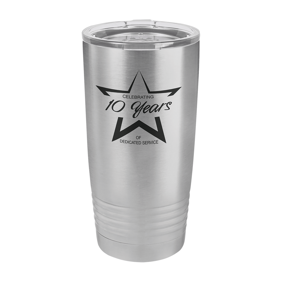 Custom laser engraving - stainless steel tumbler engraved with a service award design