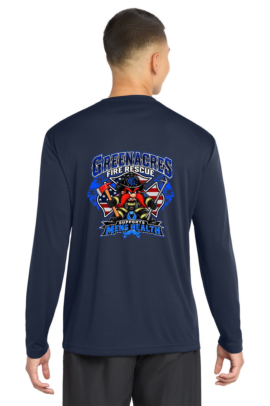 Tall GFR November Men's Health Month 2026 moisture wicking long sleeve back Navy Sport-Tek TST350LS