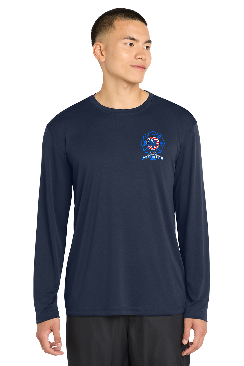 Tall GFR November Men's Health Month 2026 moisture wicking long sleeve front left chest Navy Sport-Tek TST350LS