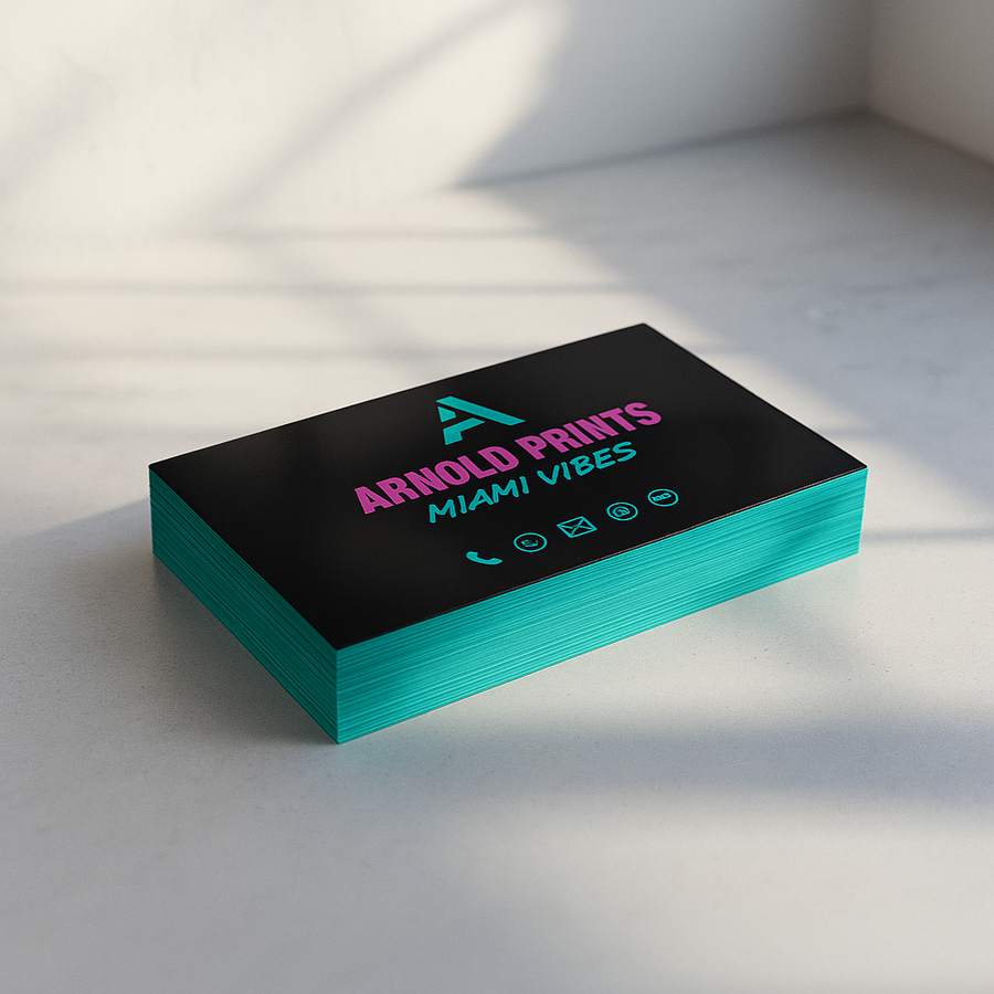 Stack of horizontal gloss business cards with teal edges