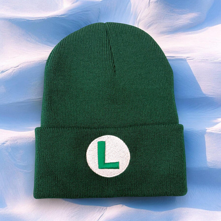 Luigi-Inspired Green 3D Puff ‘L Beanie with Flip - Gamer Hat for Cosplay & Everyday Wear