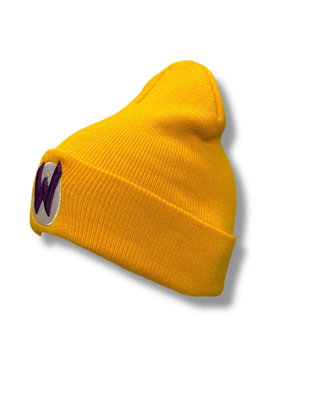 Wario-Inspired Yellow with Purple 3D Puff ‘W Beanie with Flip - Gamer Hat for Cosplay & Everyday Wear