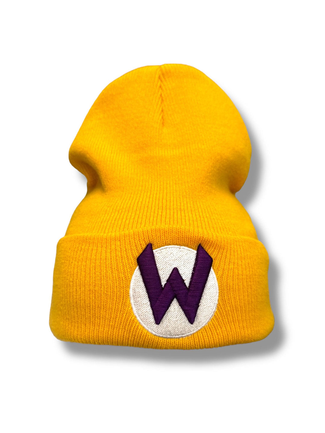 Wario-Inspired Yellow with Purple 3D Puff ‘W Beanie with Flip - Gamer Hat for Cosplay & Everyday Wear