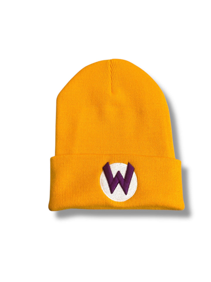 Wario-Inspired Yellow with Purple 3D Puff ‘W Beanie with Flip - Gamer Hat for Cosplay & Everyday Wear