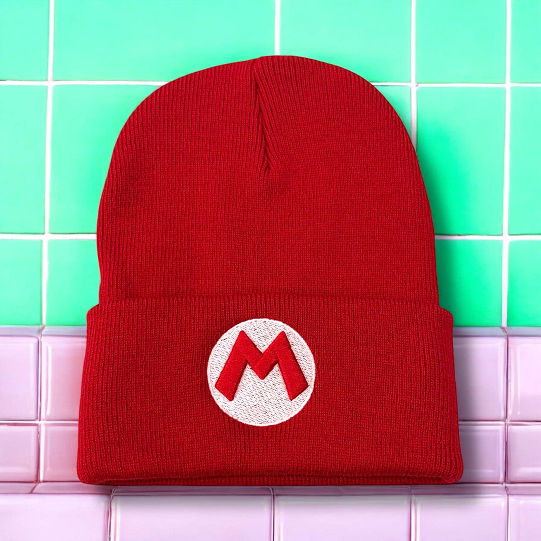 Mario-Inspired Red 3D Puff ‘M Beanie with Flip - Gamer Hat for Cosplay & Everyday Wear