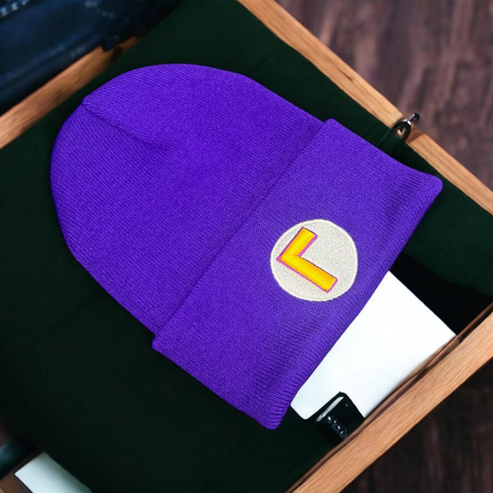 Waluigi -Inspired Purple with 3D Puff updside-down ‘L Beanie with Flip - Gamer Hat for Cosplay & Everyday Wear