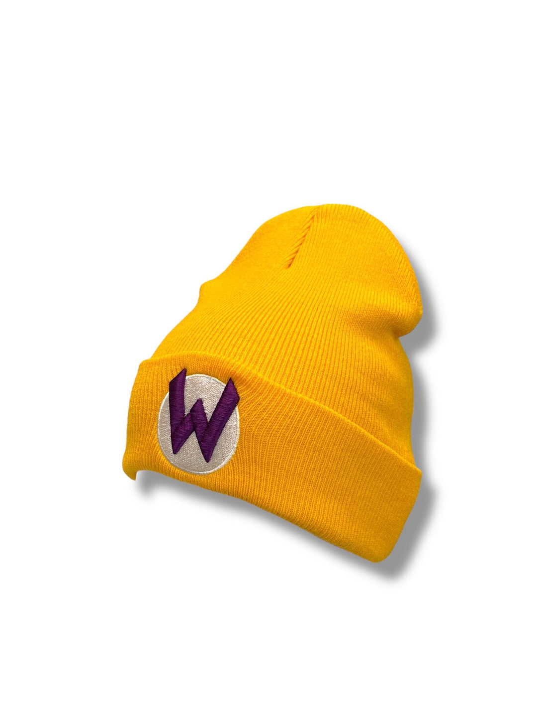 Wario-Inspired Yellow with Purple 3D Puff ‘W Beanie with Flip - Gamer Hat for Cosplay & Everyday Wear