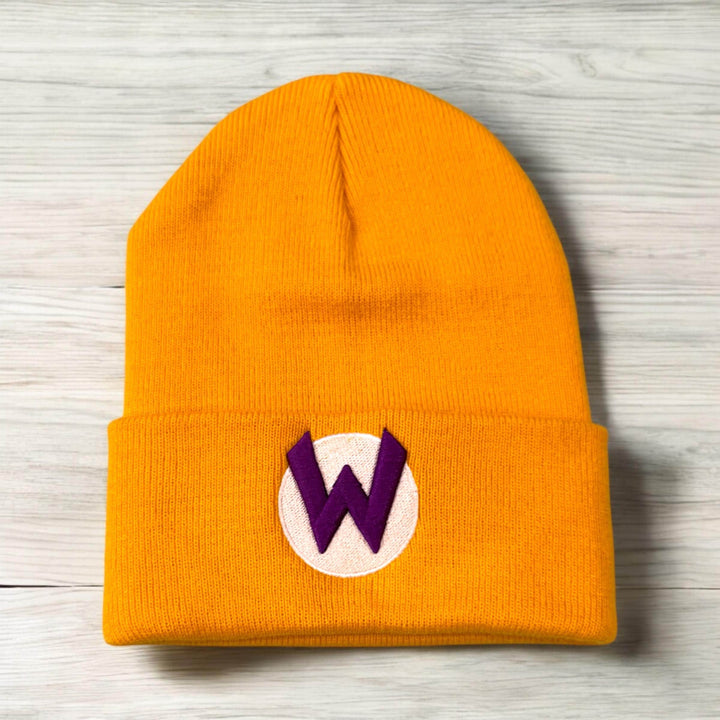 Wario-Inspired Yellow with Purple 3D Puff ‘W Beanie with Flip - Gamer Hat for Cosplay & Everyday Wear