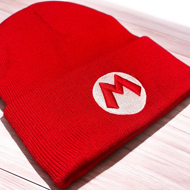 Mario-Inspired Red 3D Puff ‘M Beanie with Flip - Gamer Hat for Cosplay & Everyday Wear