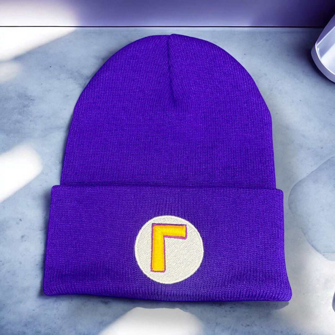 Waluigi -Inspired Purple with 3D Puff updside-down ‘L Beanie with Flip - Gamer Hat for Cosplay & Everyday Wear