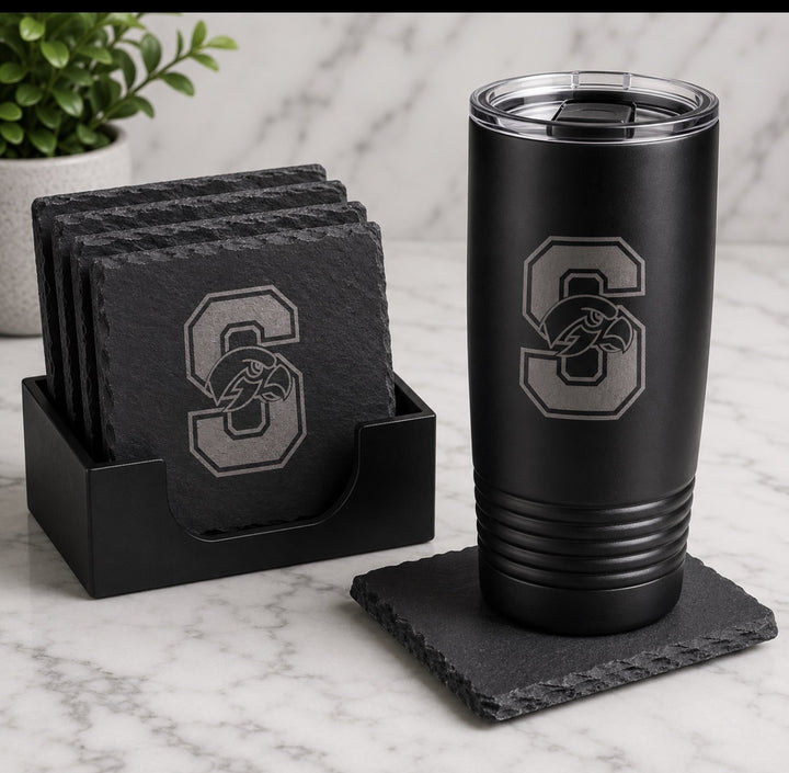 Seminole Ridge slate coaster set in its holder, shown alongside a matching engraved tumbler (tumbler sold separately)