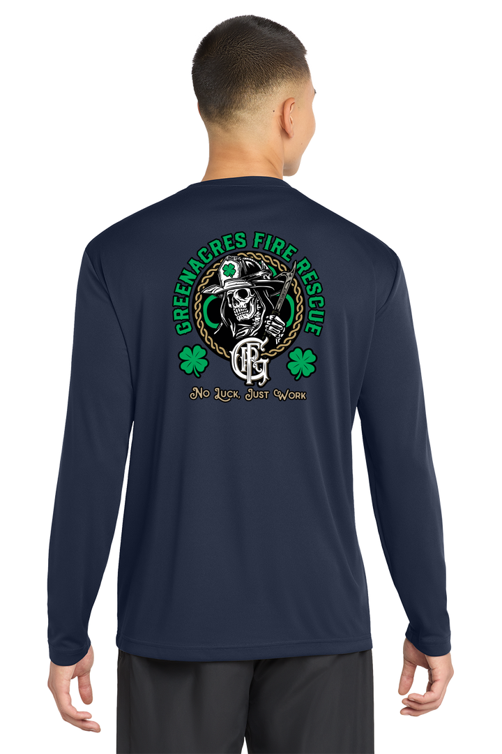 TALL VERSION GFR St. Patrick's Day Sport-Tek Tall 100% Poly Moisture Wicking Long Sleeve Crew Neck Navy