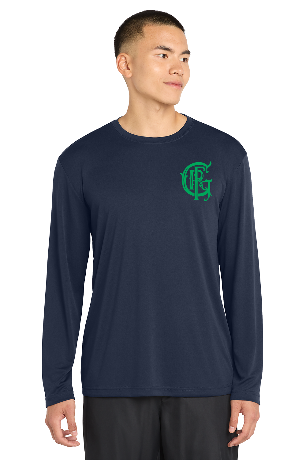 TALL VERSION GFR St. Patrick's Day Sport-Tek Tall 100% Poly Moisture Wicking Long Sleeve Crew Neck Navy