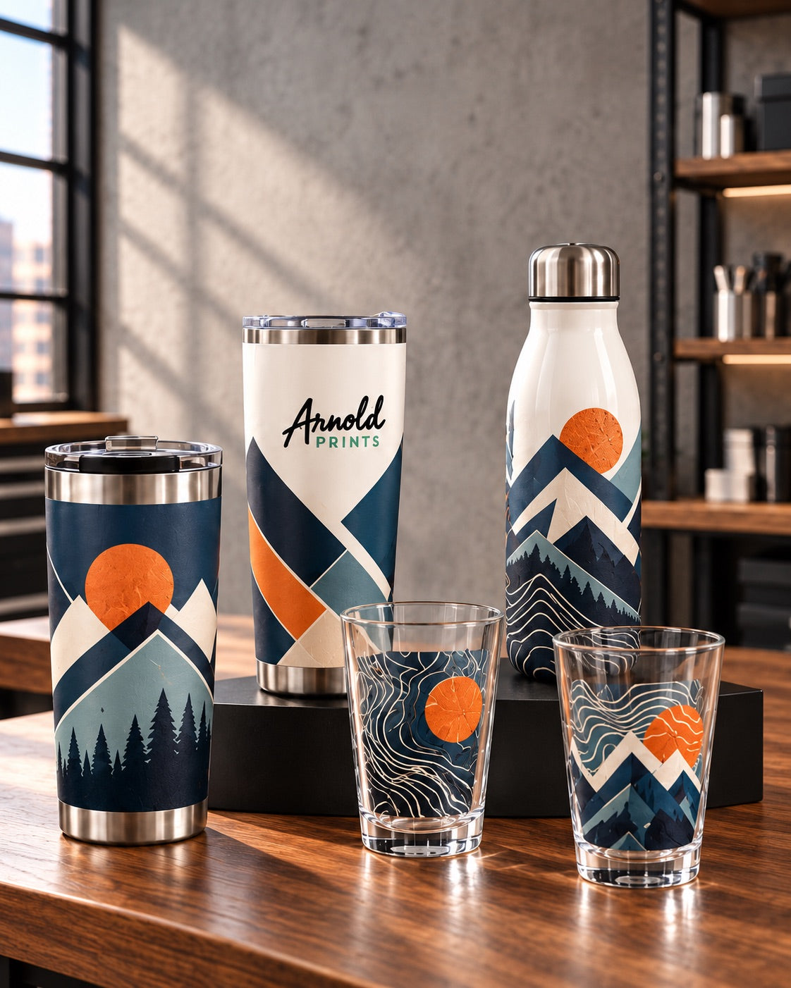 Full color UV printed stainless tumblers, a white water bottle, and clear pint glasses with a mountain and sun design