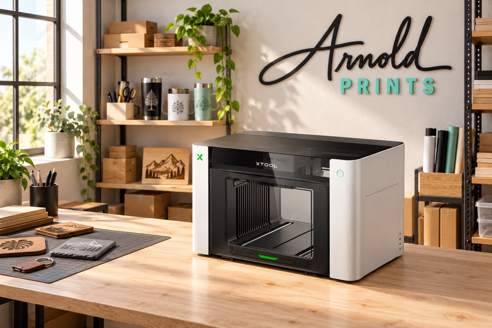 xTool O1 Omni UV printer on the workbench at the Arnold Prints shop in Westlake, Florida